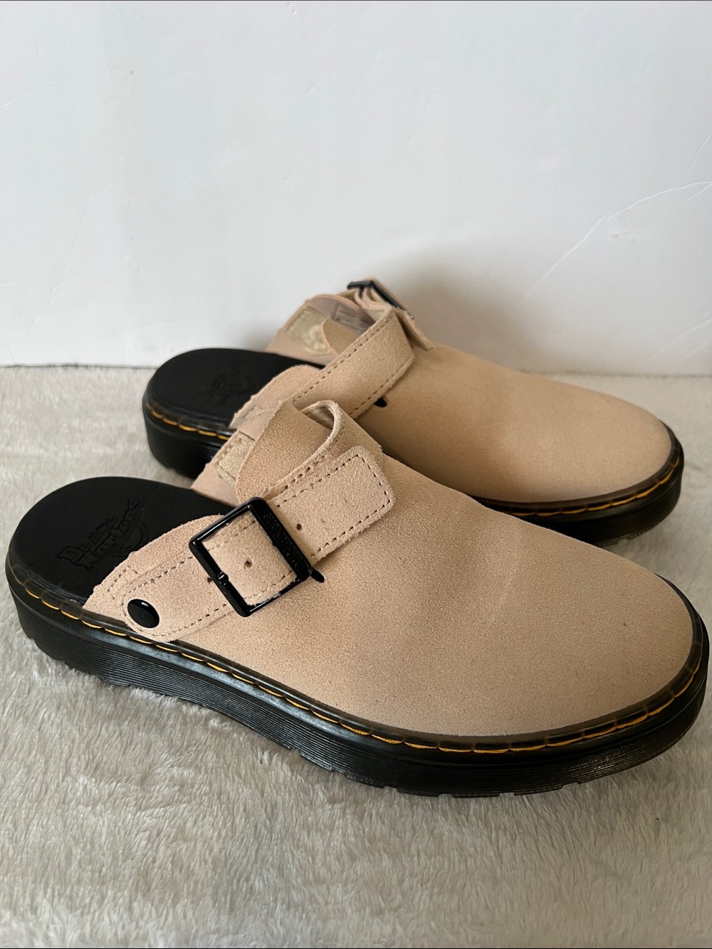 Dr. Martens Tan Suede Slip-On Clog with Black Buckle